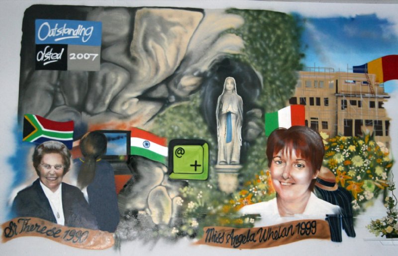 Mural painting with flags, headteachers, school and Lourdes grotto